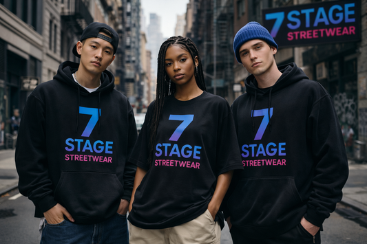 Models showcase 7 Stage Streetwear hoodies in bold urban fashion 2023