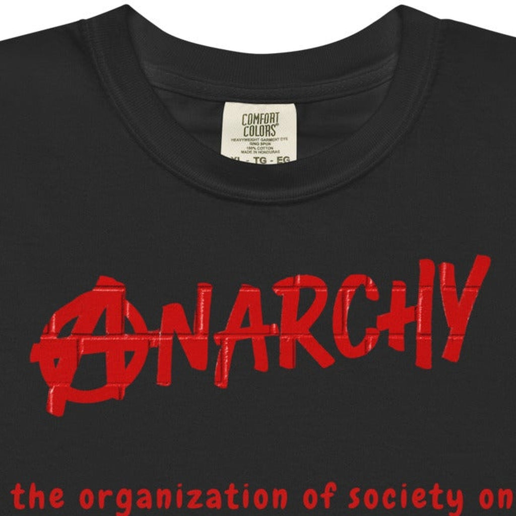 Close-up of the What is Anarchy Heavyweight Tee print by 7 Stage Streetwear