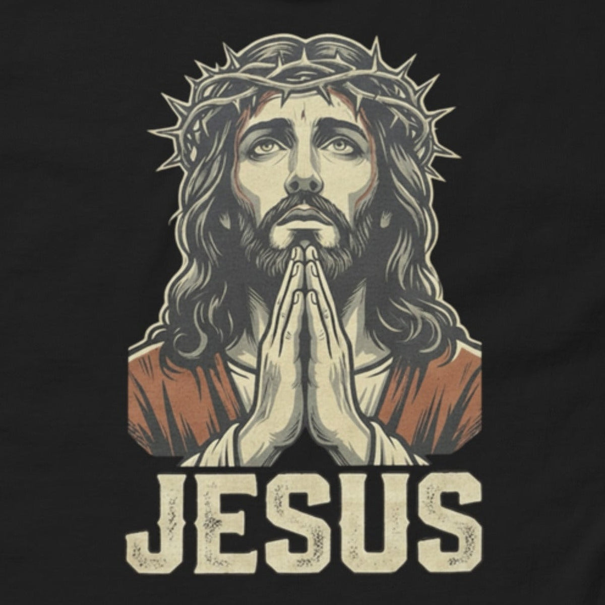 Close-up of the Jesus Praying Graphic Tee print by 7 Stage Streetwear