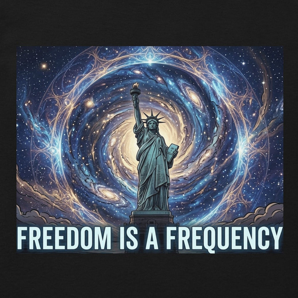 Close-up of the Freedom is a Frequency T-Shirt print by 7 Stage Streetwear