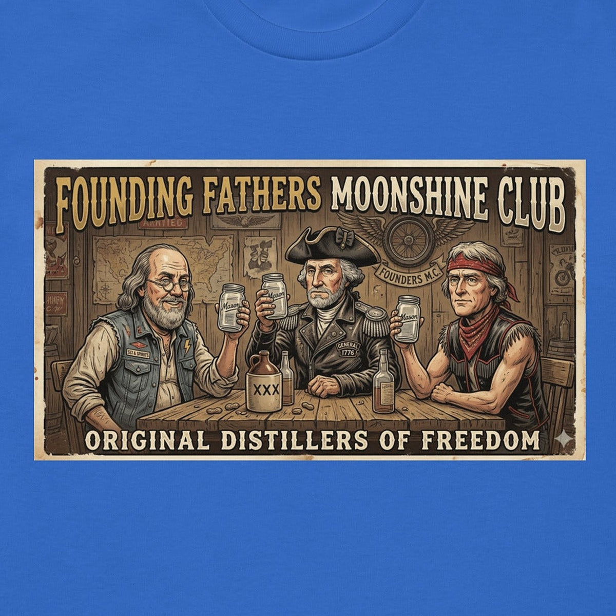 Close-up of the Founding Fathers Moonshine T-Shirt print by 7 Stage Streetwear
