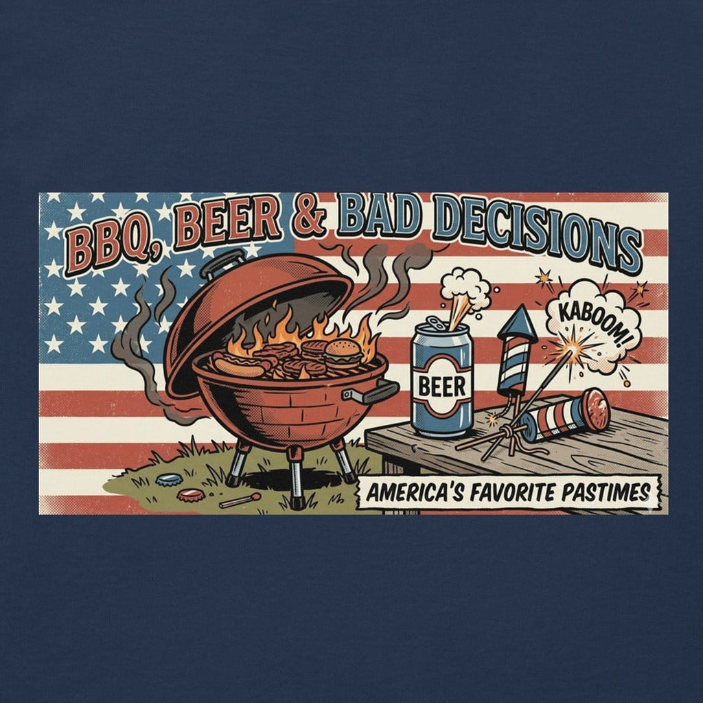 Close-up of the BBQ Beer Bad Decisions T-Shirt print by 7 Stage Streetwear
