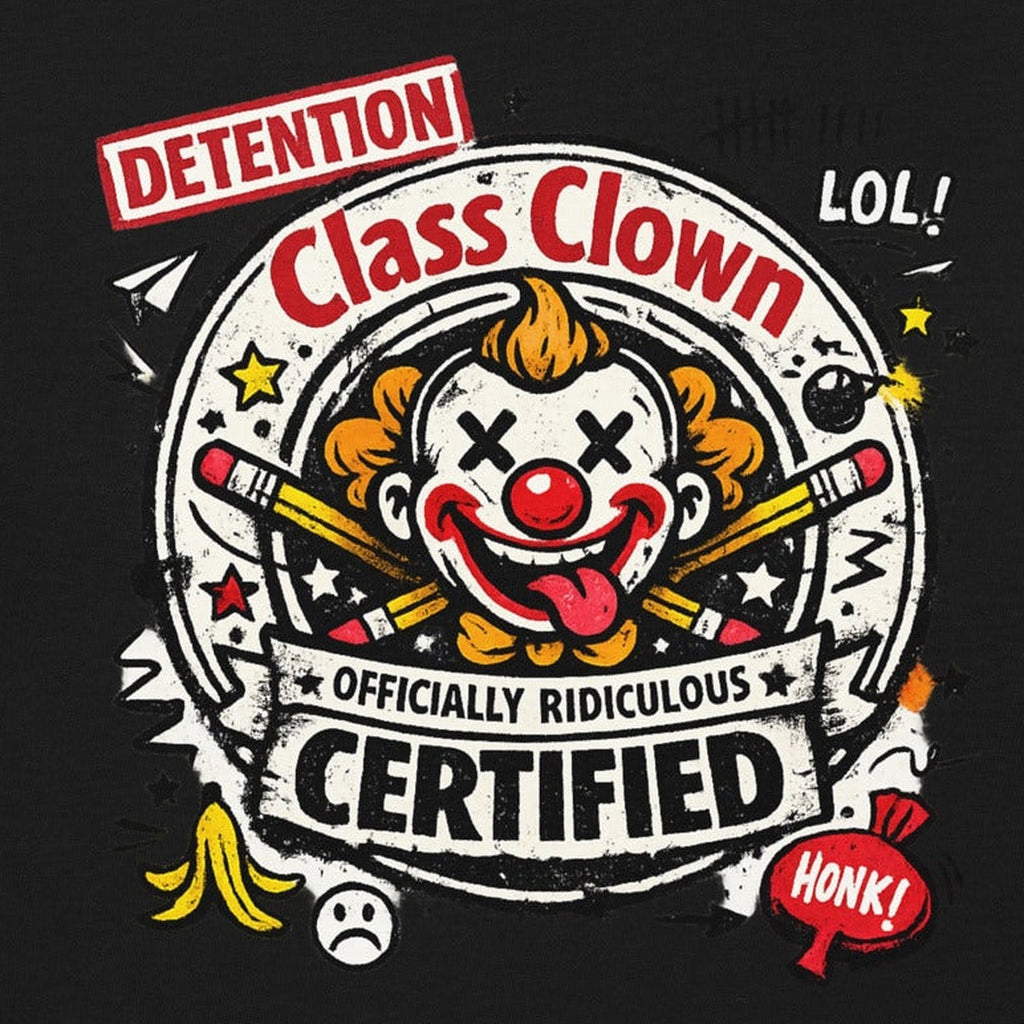 Close-up of the Class Clown Certified Kids T-Shirt print by 7 Stage Streetwear