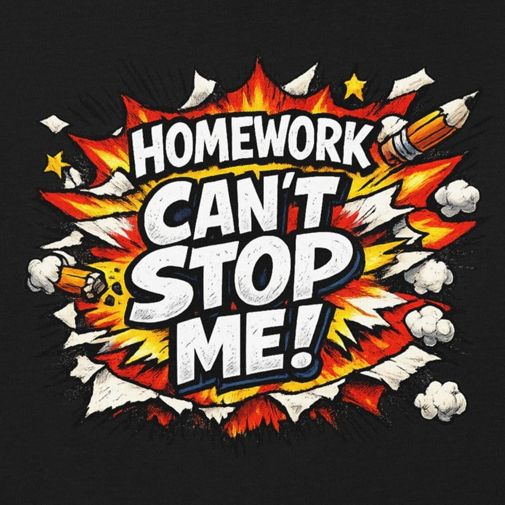 Close-up of the Homework Can't Stop Me Kids T-Shirt print by 7 Stage Streetwear