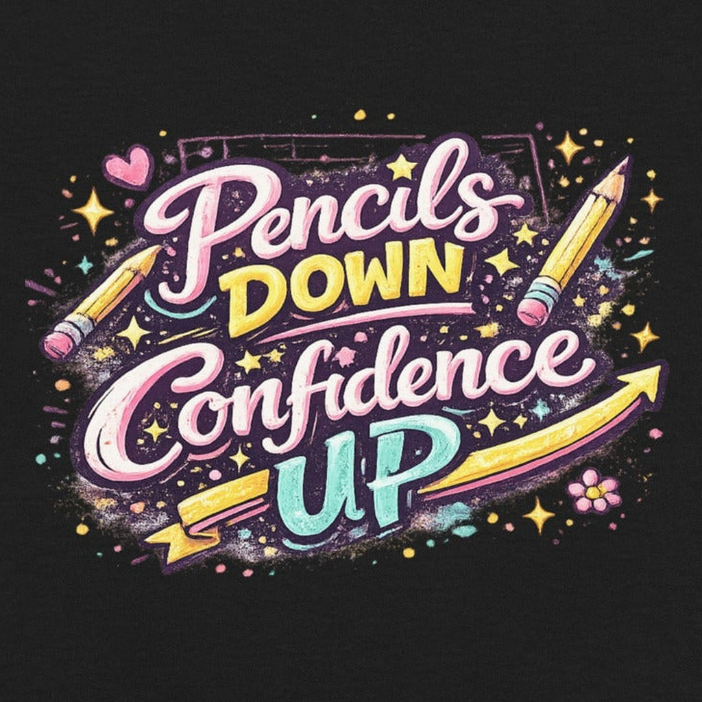 Close-up of the Pencils Down Confidence Up Kids T-Shirt print by 7 Stage Streetwear