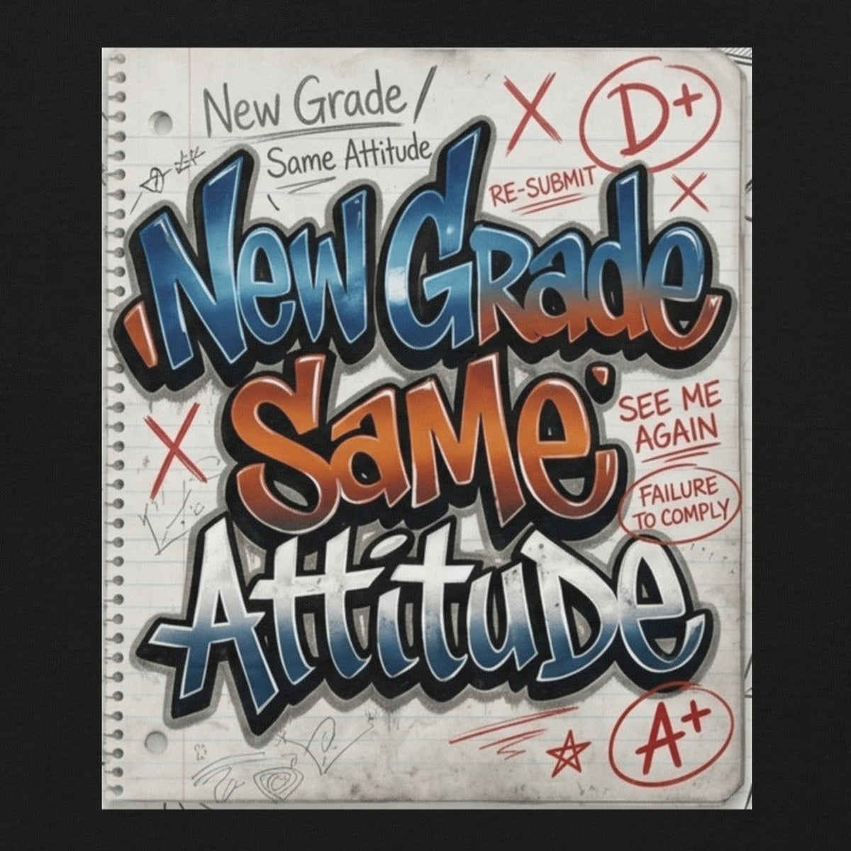 Close-up of the New Grade Same Attitude Kids T-Shirt print by 7 Stage Streetwear