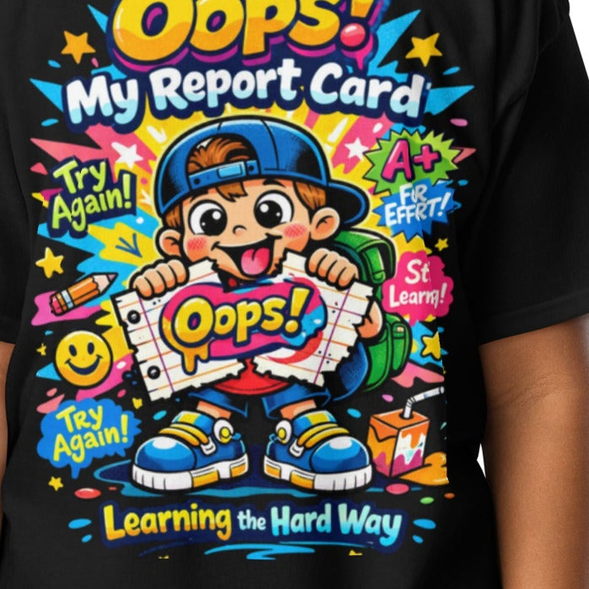 Close-up of the Boys OOPS My Report Card Graphic T-Shirt print by 7 Stage Streetwear