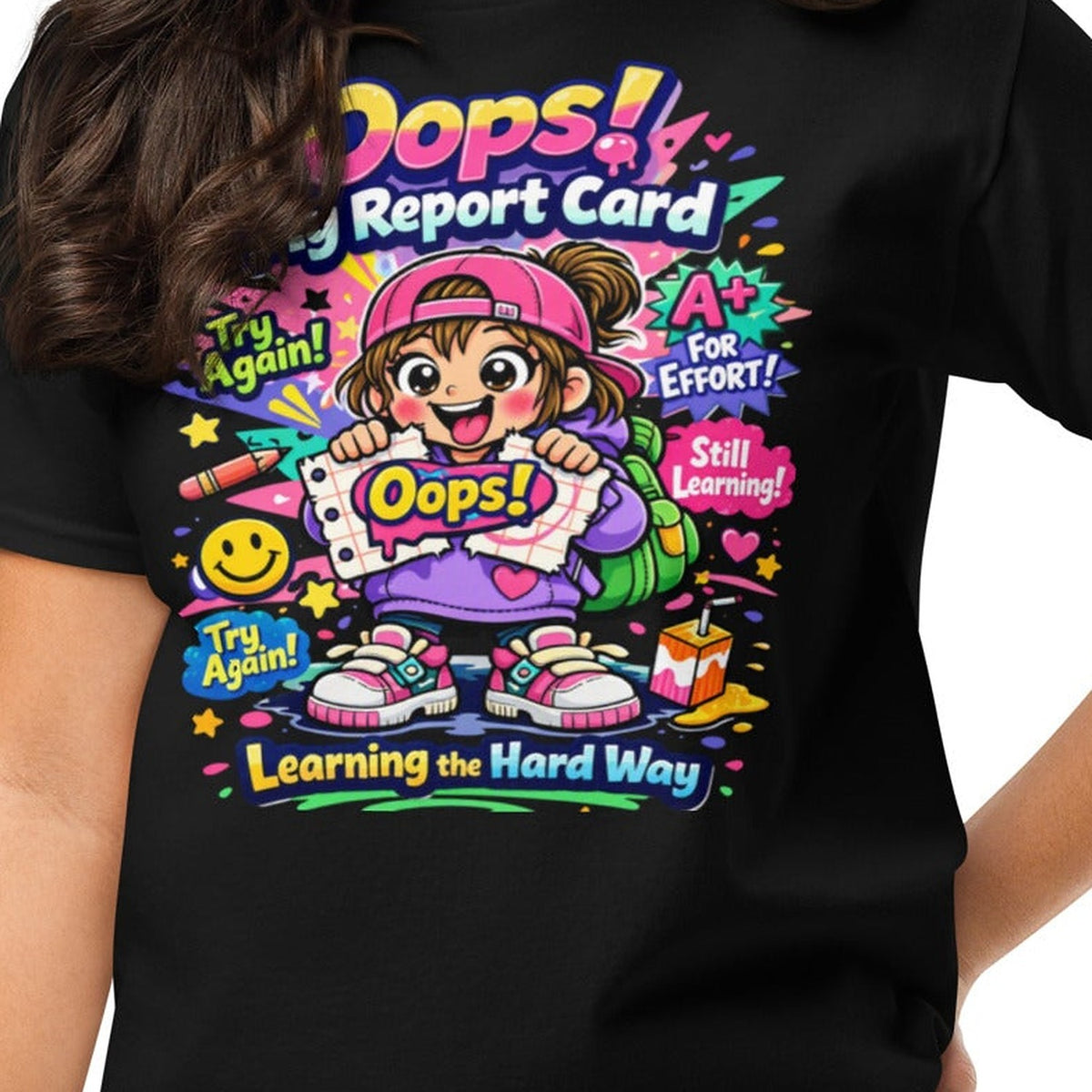 Close-up of the Girls OOPS! My Report Card T-Shirt print by 7 Stage Streetwear