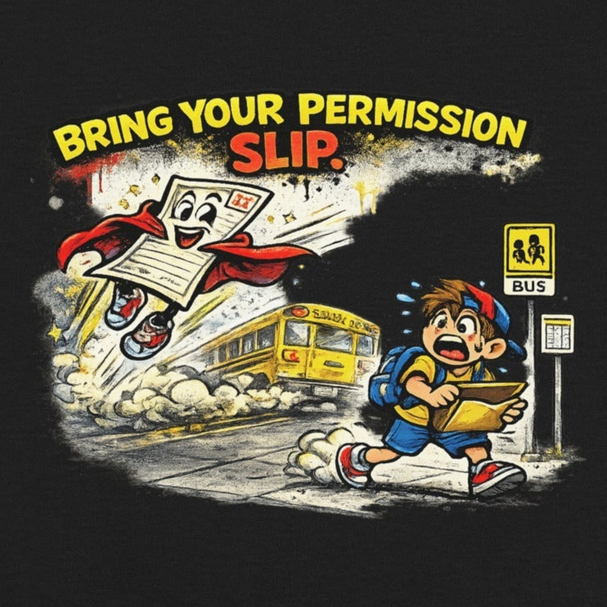 Close-up of the Permission Slip Kids Graphic Tee print by 7 Stage Streetwear