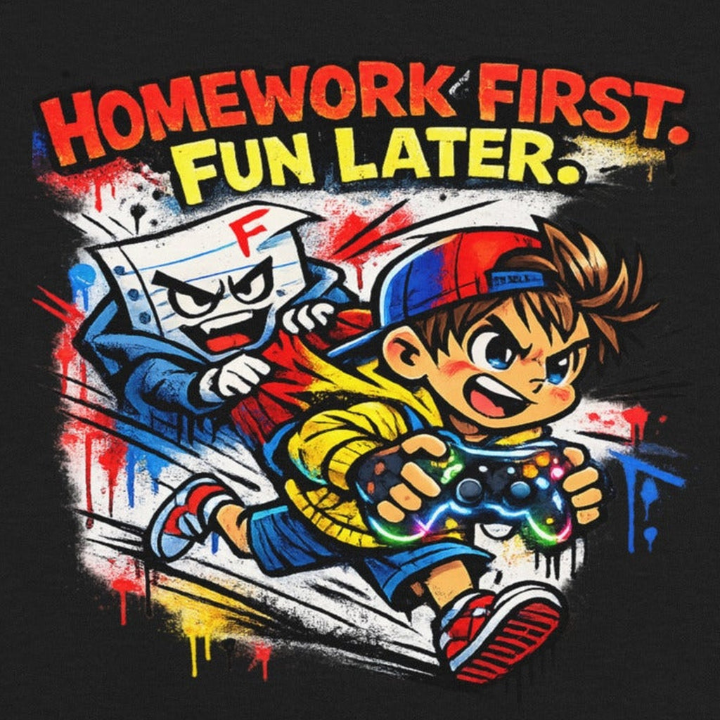 Close-up of the Homework First Kids Graphic Tee print by 7 Stage Streetwear