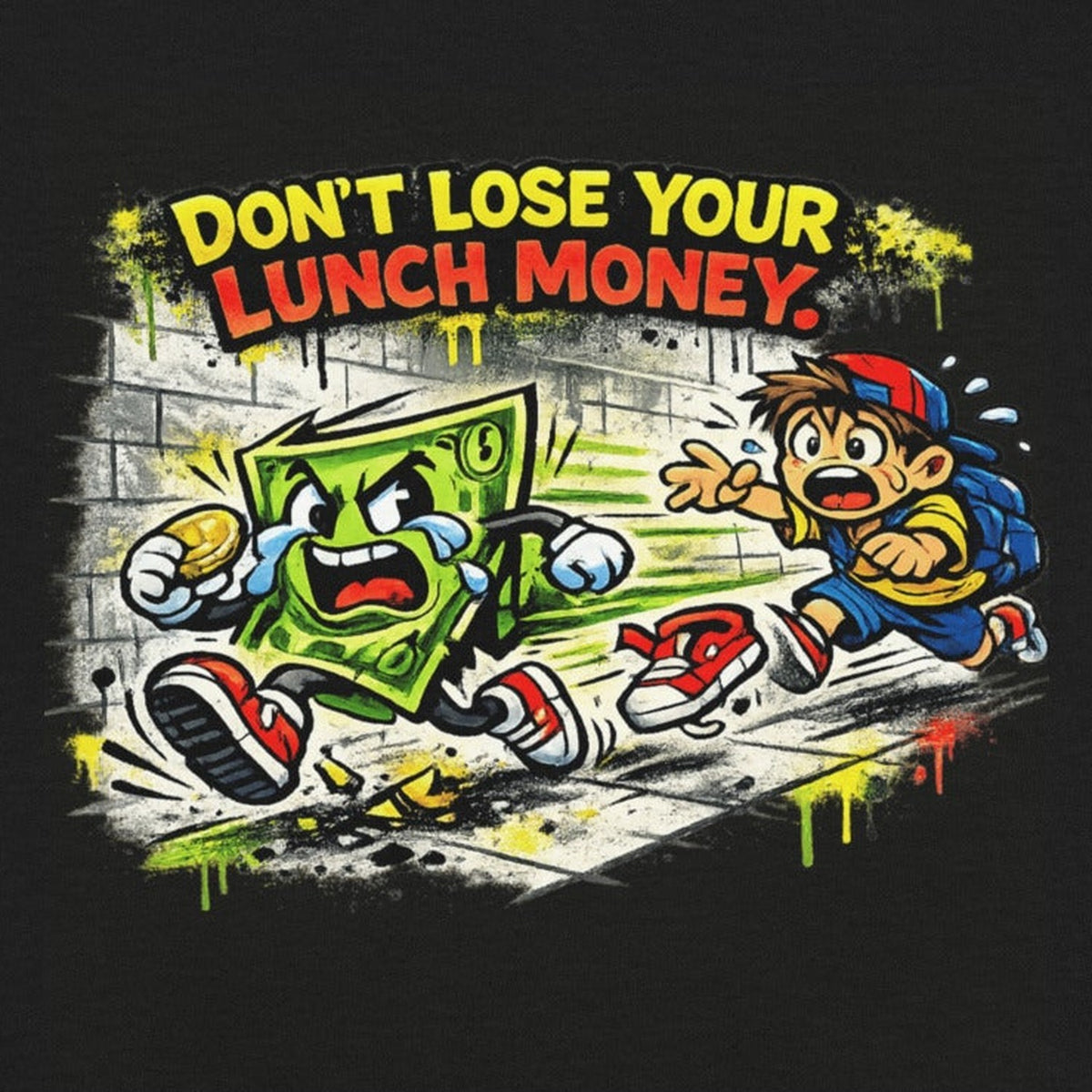 Close-up of the Lunch Money Graphic Tee print by 7 Stage Streetwear