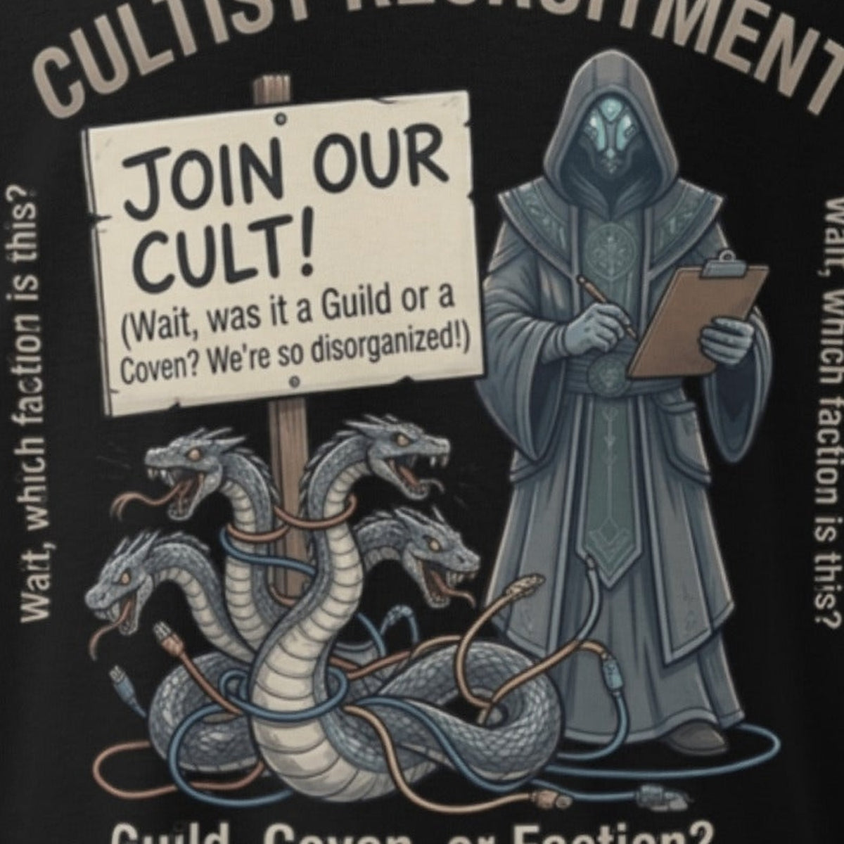 Close-up of the Cultist Recruitment Graphic Tee print by 7 Stage Streetwear