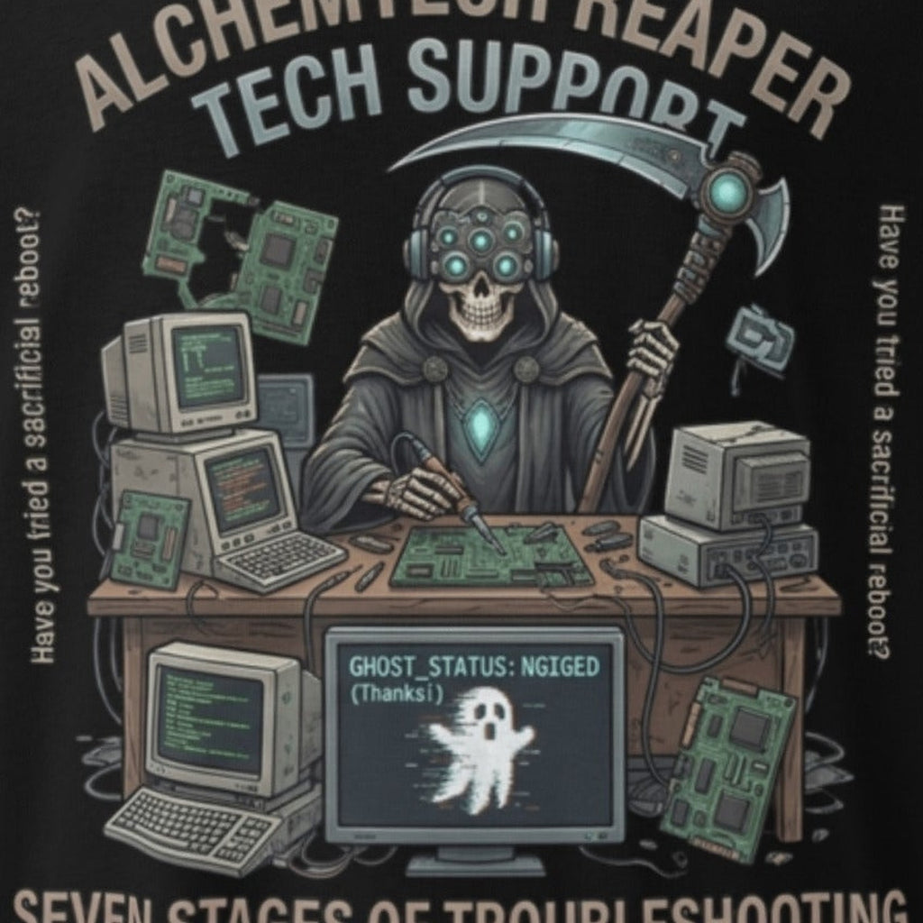 Close-up of the Spooky Reaper Tech Support Tee print by 7 Stage Streetwear