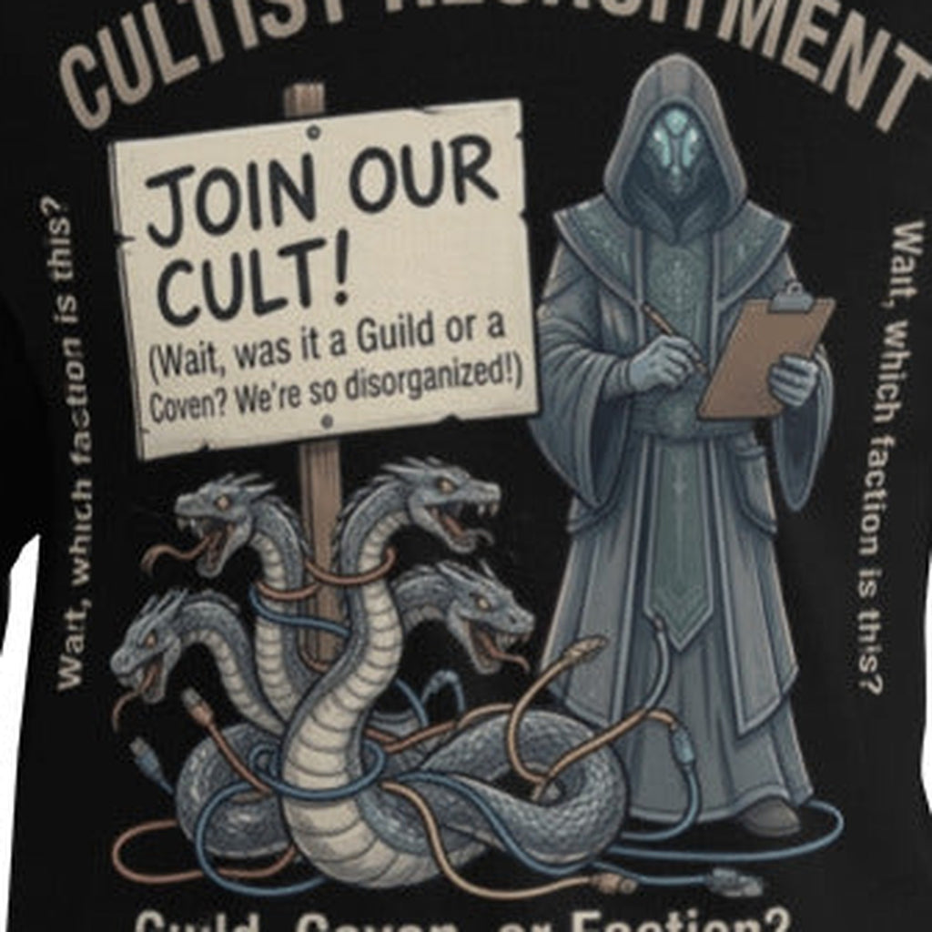 Close-up of the Cultist Recruitment Long Sleeve Shirt print by 7 Stage Streetwear