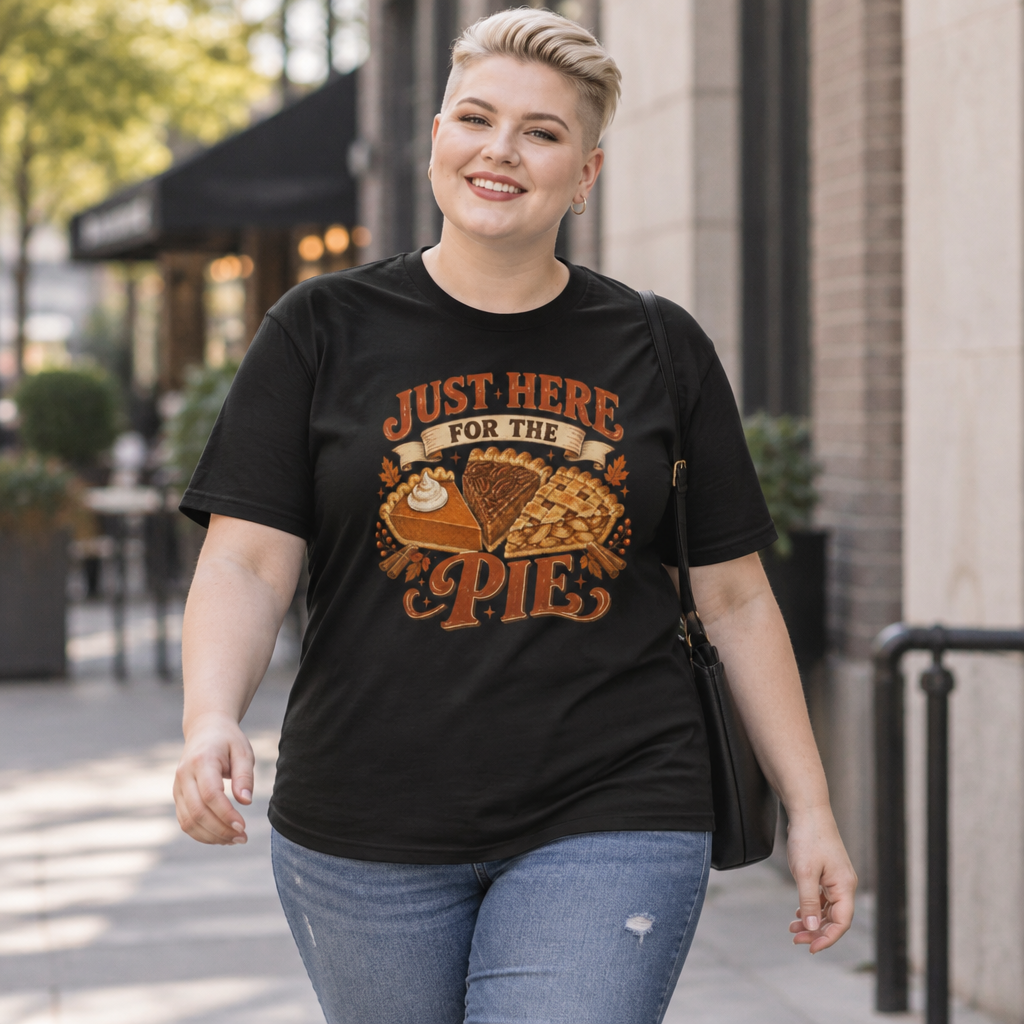 Just Here For The Pie Thanksgiving tee with pumpkin, pecan, and lattice pie slices