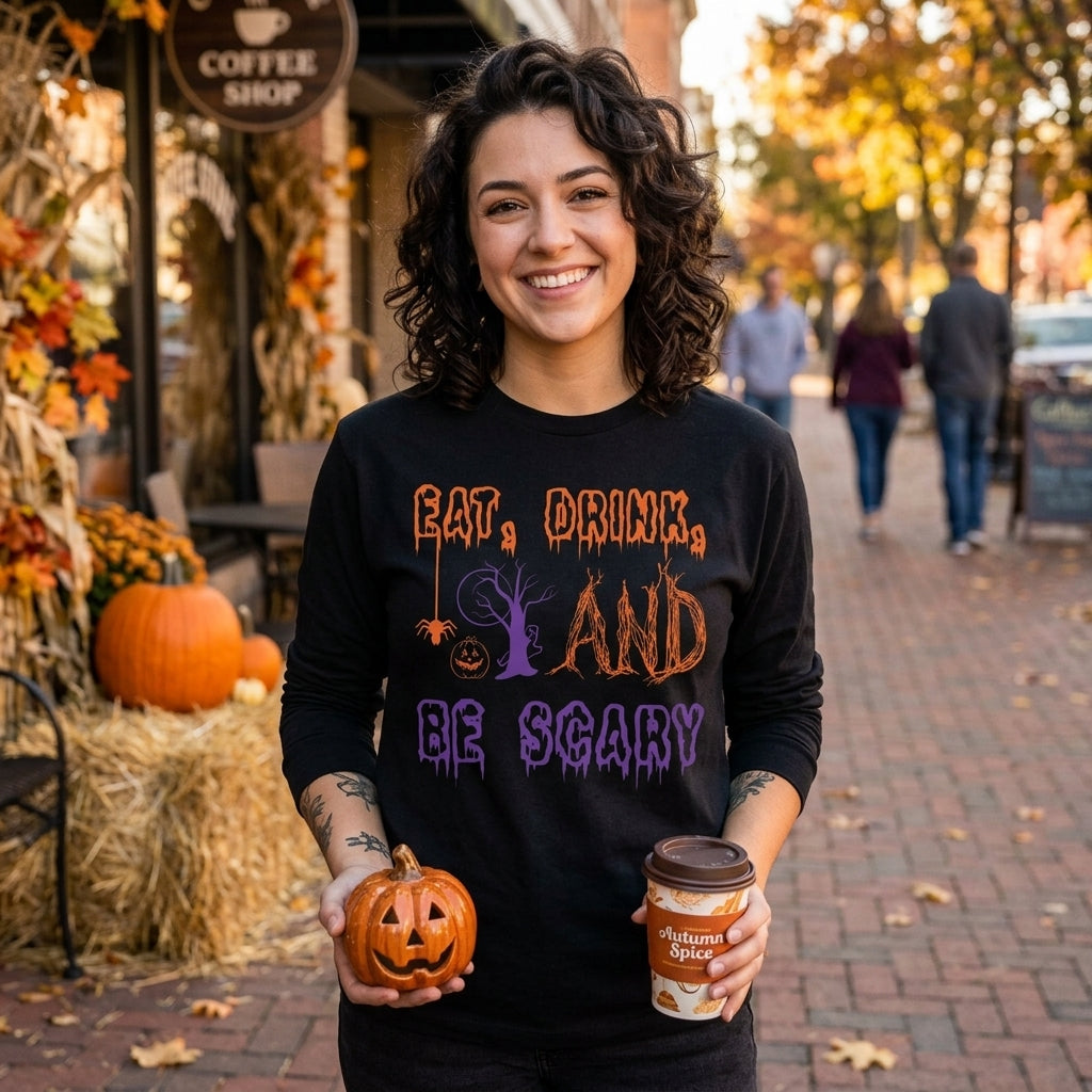 A woman stands on a brick street wearing a black long-sleeve graphic shirt with the phrase 'EAT, DRINK, AND BE SCARY' in orange and purple text, holding a small jack-o'-lantern and a coffee cup. Pumpkins, hay, and autumn decorations decorate the storefront behind her.
