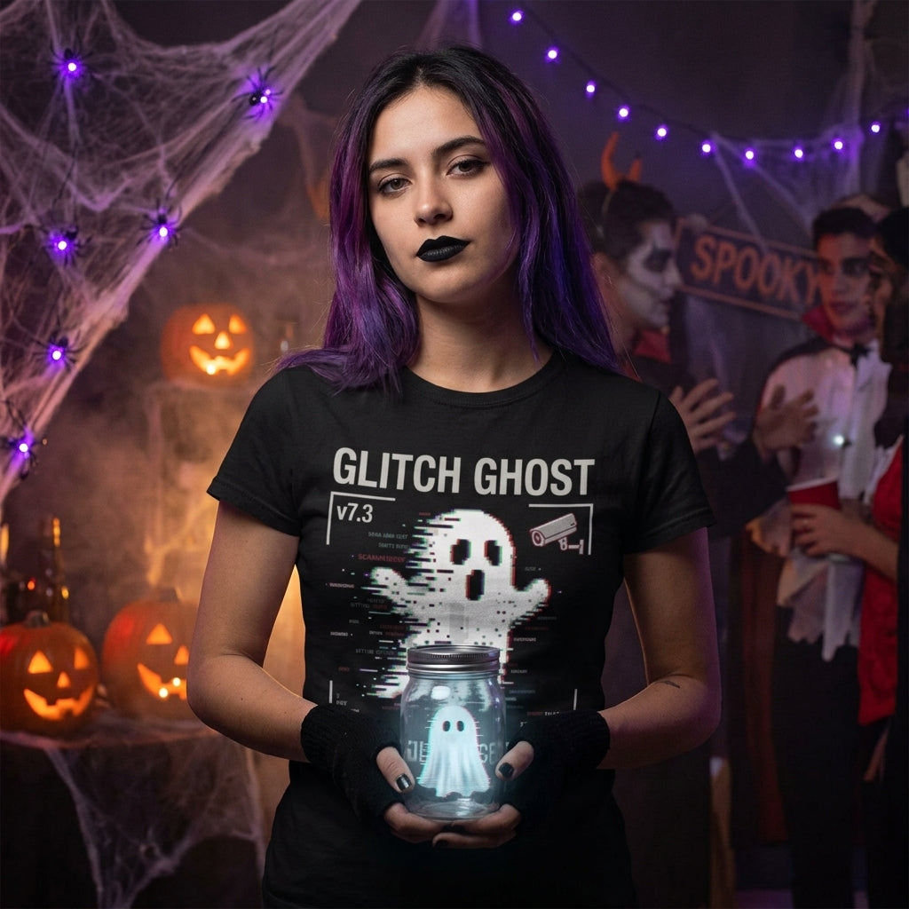 A woman in a Halloween costume stands in a spooky party setting, wearing a black graphic t-shirt that reads 'GLITCH GHOST v7.3' with a glitch-effect ghost illustration and a glowing holographic ghost projector in her hands.