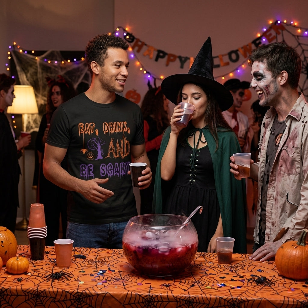 Three people posing together at a Halloween party. The person on the left wears a black graphic t-shirt with 'EAT, BRINKA, AND BE SCARY' printed in orange, purple, and white.