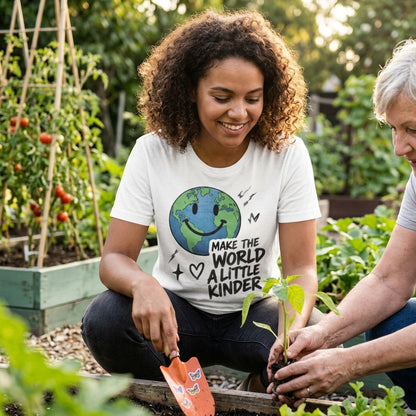 A woman in a garden wearing a white graphic T-shirt that reads 'MAKE THE WORLD A LITTLE KINDER' with a smiling Earth graphic. She is kneeling beside another person planting a small sapling, with tomato plants and garden tools in the background.