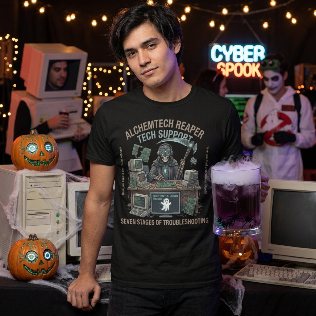 A man wearing a black graphic t-shirt with a 'Alchemistech Reaper Tech Support' design, posed in a Halloween-themed room with retro computers, pumpkins, and a 'Cyber Spook' neon sign.