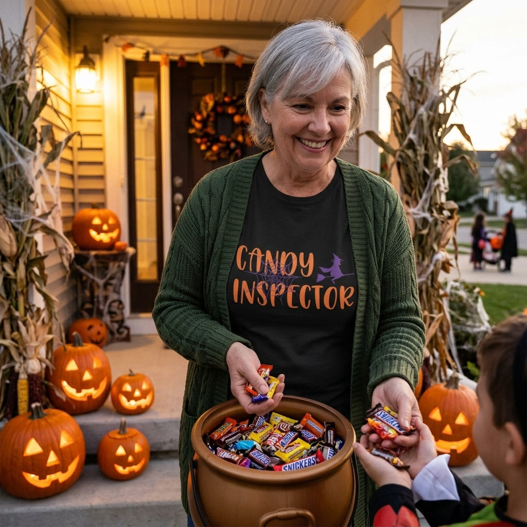 An older woman stands on a front porch wearing a black graphic T-shirt that reads 'CANDY INSPECTOR' with an orange witch silhouette, layered under a green cardigan. She holds a large brown cauldron filled with assorted candy and is interacting with a child in the foreground.