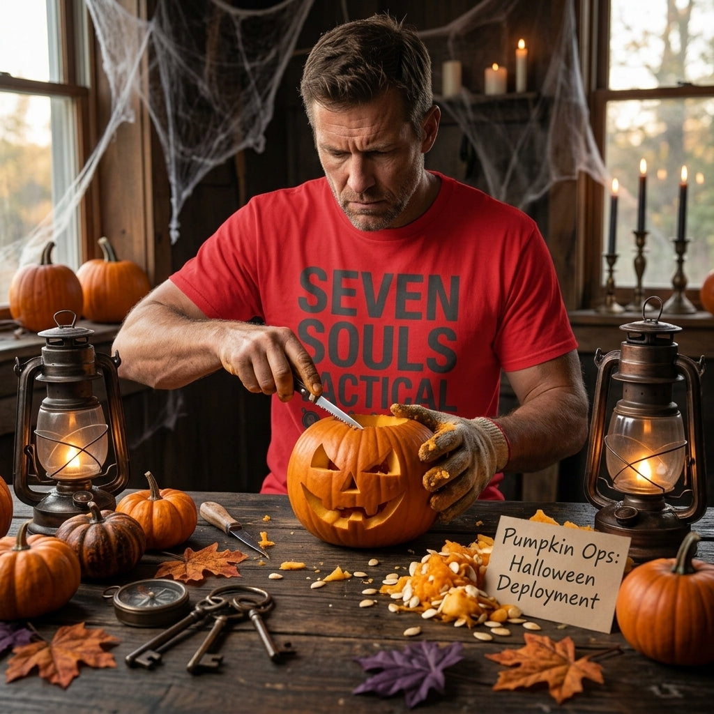 A man in a red graphic t-shirt carving a jack-o'-lantern on a rustic wooden table decorated for Halloween, with lanterns, pumpkins, keys, and a sign reading 'Pumpkin Ops: Halloween Deployment'.