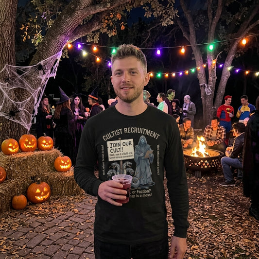 Cultist Recruitment Halloween Long Sleeve in black — unisex long sleeve shirt with a hooded cultist, hydra, and "Join Our...