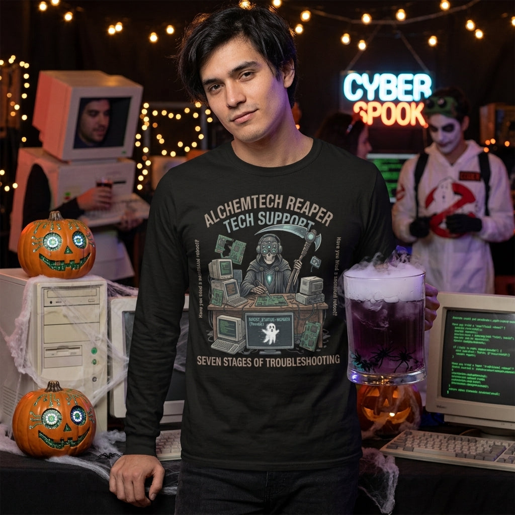 Reaper Tech Support Halloween Long Sleeve in black — unisex long sleeve shirt with a cyber grim reaper, crashed computers,...
