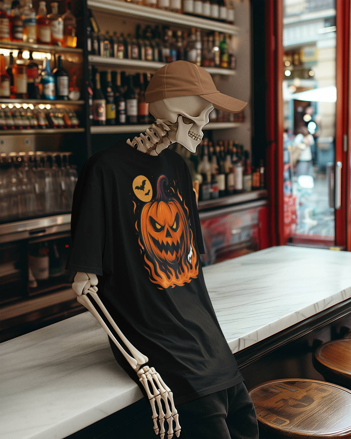 A skeleton mannequin wearing a black graphic T-shirt with a large orange jack-o'-lantern and moon print, styled in a bar-like interior with shelves of bottles and a marble counter.