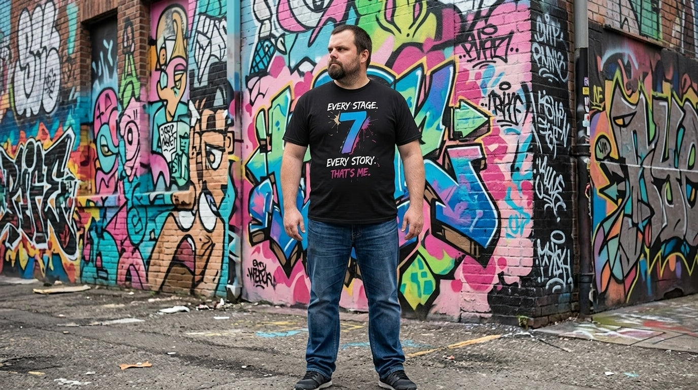A man wearing a black graphic t-shirt and blue jeans stands in front of a vibrant, graffiti-covered brick wall.
