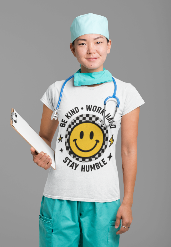 Be Kind positive message graphic t-shirt worn by be kind