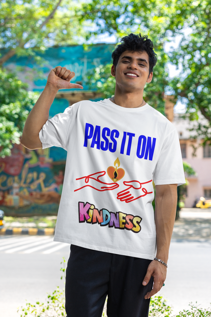 Pass It On positive message graphic t-shirt worn by blinkstore smiling man pointing himself