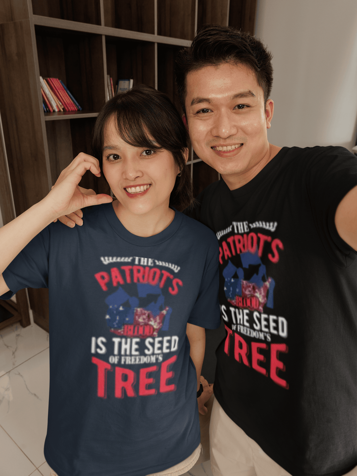 Patriots Blood Freedom Tree patriotic graphic t-shirt worn by couple together