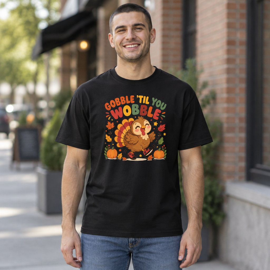 Gobble Til You Wobble Thanksgiving tee with a dancing cartoon turkey and pumpkins