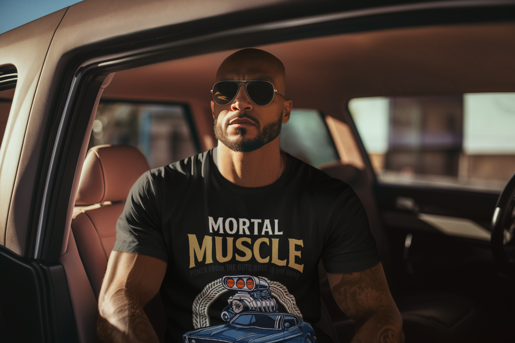 One Mile At a Time graphic tee worn by a car enthusiast sitting in a car