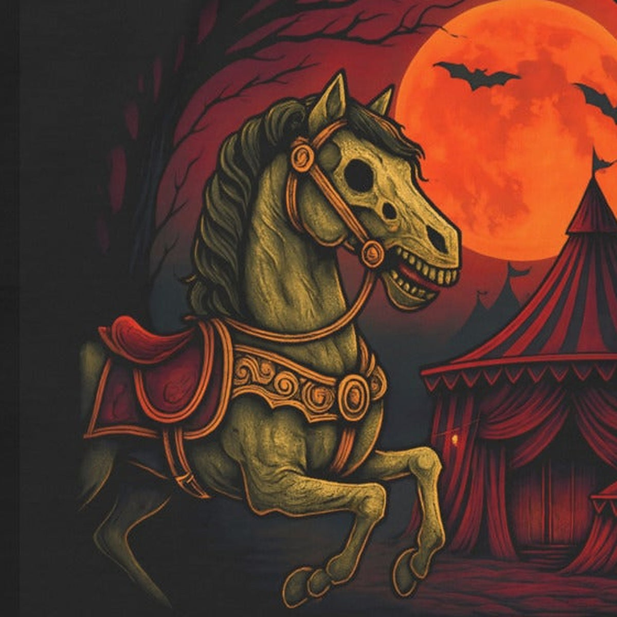 Haunted Carnival graphic tee detail close-up of the skeletal carousel horse and striped circus tent print