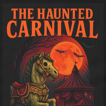 Close-up of The Haunted Carnival tee print: orange title lettering, skeletal carousel horse, and blood-red moon on black