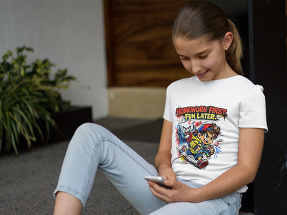 Homework First Graphic Tee, in white Front View