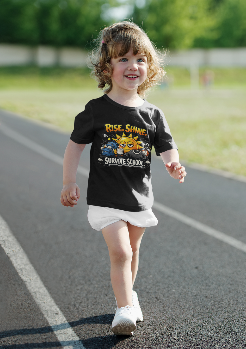 Rise Shine Survive School Kids funny back to school kids graphic t-shirt worn by happy little girl park