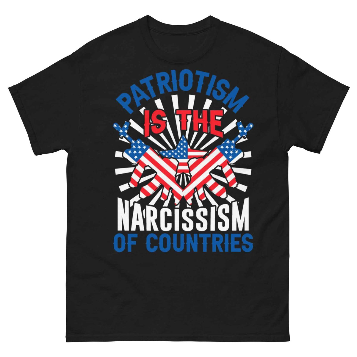 Narcissism of Countries anti-establishment graphic t-shirt worn by narcissism countries streetwear unique graphic global pride