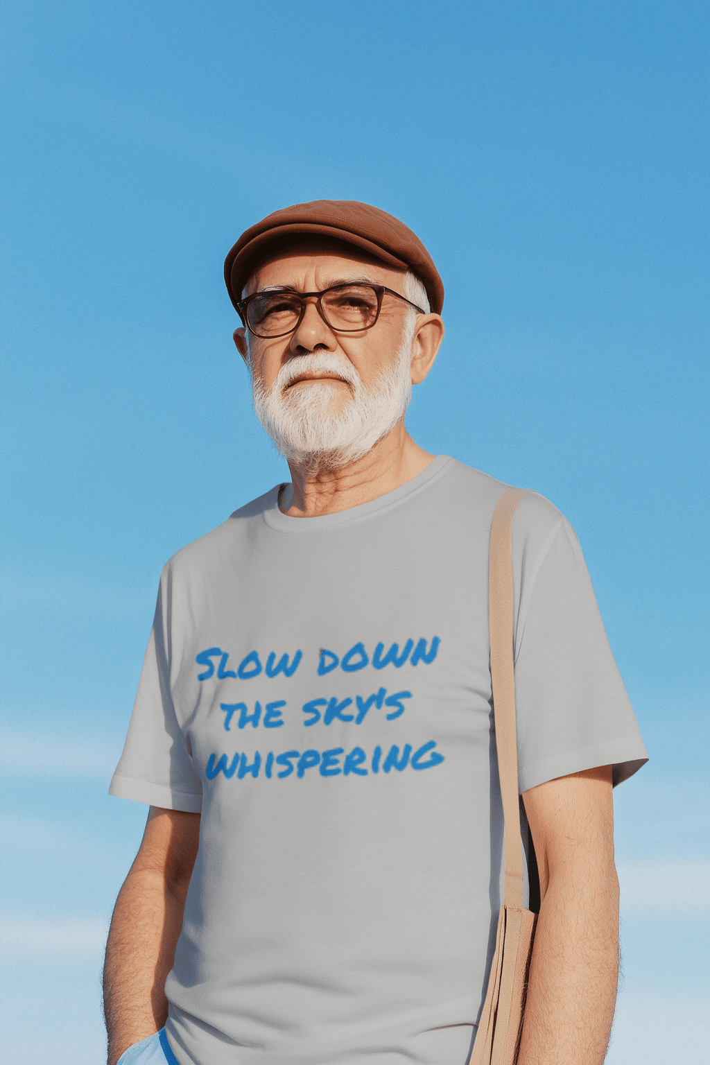 Slow Down the Sky positive message graphic t-shirt worn by old man walking