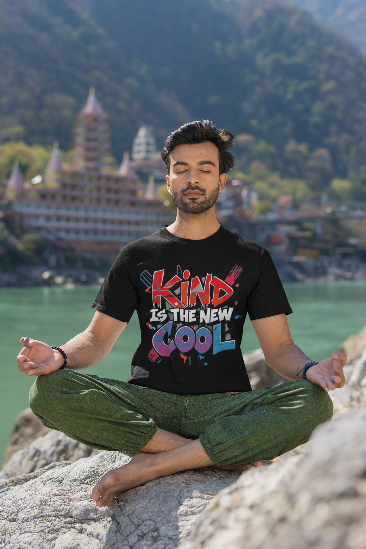 Kind is The New Cool positive message graphic t-shirt worn by man meditating pose
