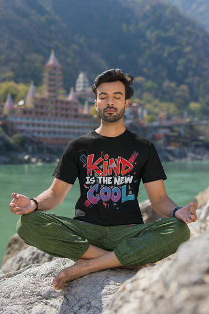 Kind is The New Cool positive message graphic t-shirt worn by man meditating pose