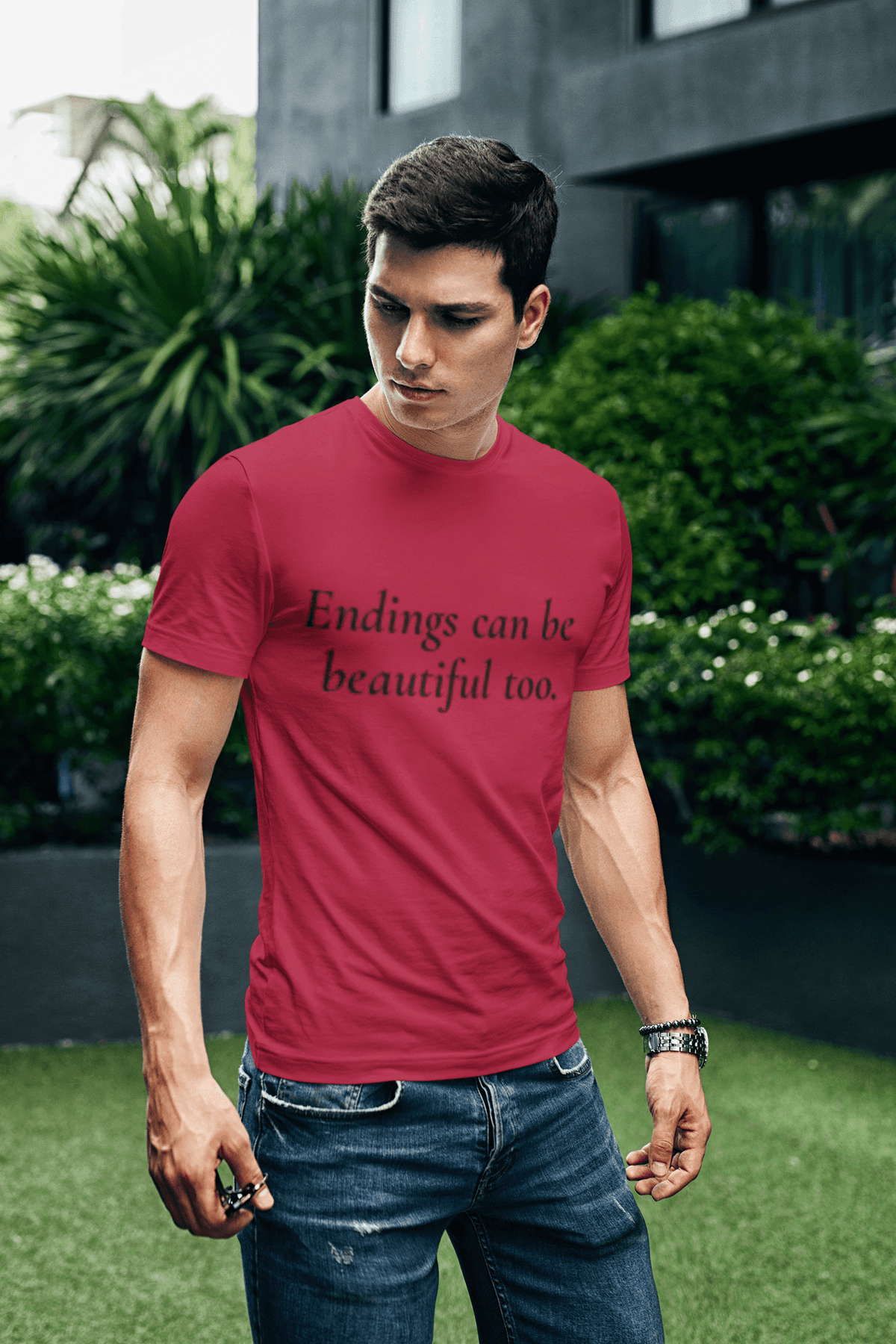 Inspirational graphic t-shirt worn by serious looking man garden