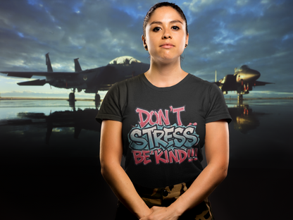 Don't Stress graphic t-shirt worn by woman veteran