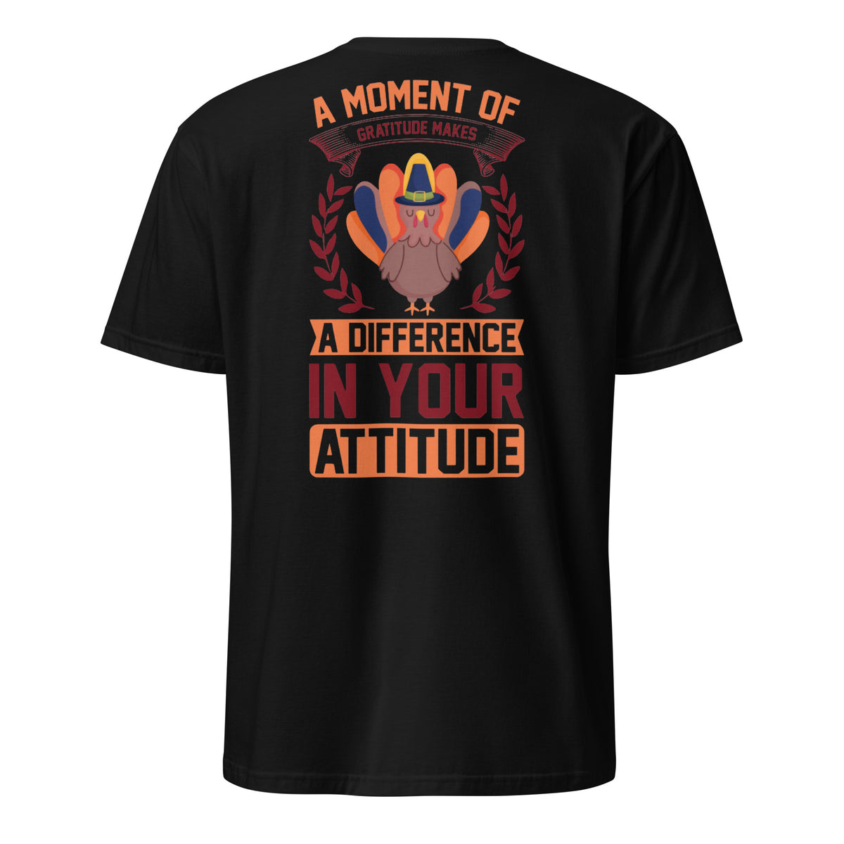 Back print of the A Moment of Gratitude tee with a turkey in a cowboy hat inside a laurel wreath