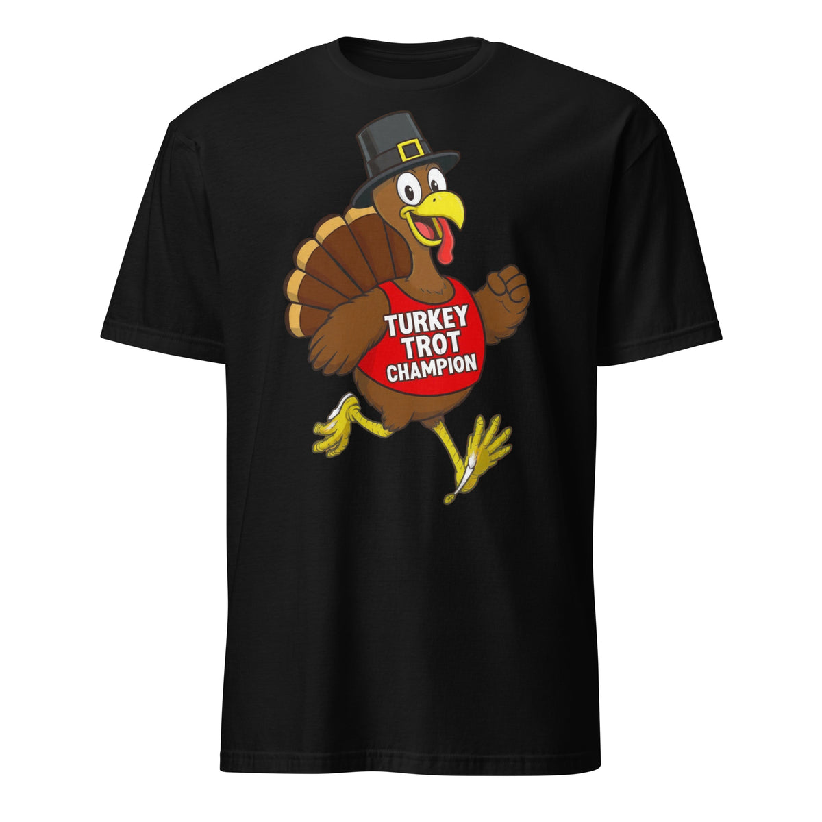 Turkey Trot Champion graphic tee with a running pilgrim turkey in a race bib