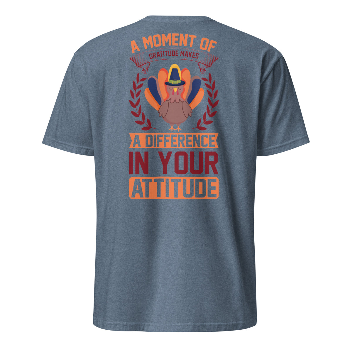 A Moment of Gratitude tee with a turkey in a cowboy hat inside a laurel wreath — alternate view
