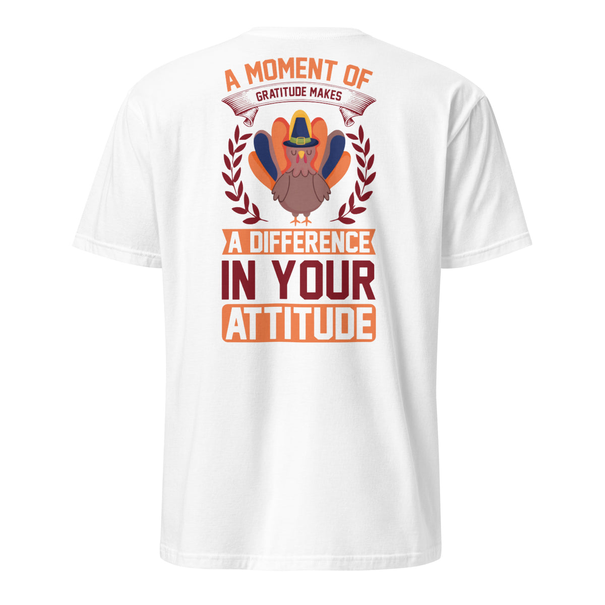 A Moment of Gratitude tee with a turkey in a cowboy hat inside a laurel wreath — alternate view