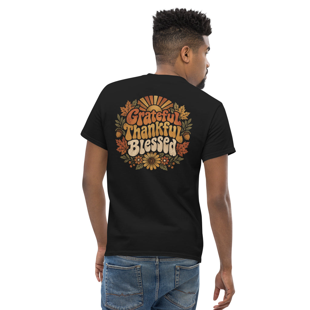 Grateful Thankful Blessed tee with retro lettering, sunflowers, and fall leaves — alternate view